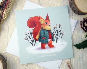 Season's Greetings Squirrel greeting card, Christmas card, blank card with recycled white envelope, square card