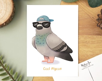 Cool Pigeon Postcard - kleine A6 kunst verzamelbare ansichtkaartprint