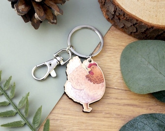Chicken Wooden Charm Keyring - small digitally printed illustrated keychain with swivel clasp, plywood charm key chain for keys and bags