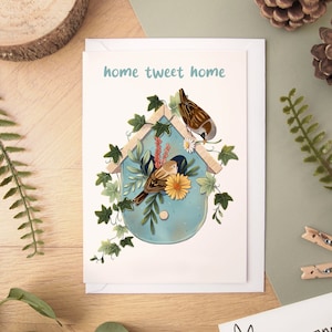 Accueil Tweet Carte Moineau domestique - carte de voeux carrée vierge à l'intérieur avec enveloppe blanche pour célébrer l'arrivée d'une nouvelle maison ou une pendaison de crémaillère