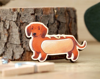 Hot Dog Mustard Dog Wooden Pin Badge - small digitally printed illustrated pin, rubber clasp fixing, maple wood pin for bags and jackets