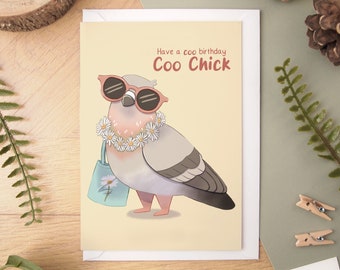 Geburtstagskarte „Coo Chick Pigeon“ – Grußkarte im A6-Format, innen blanko, mit weißem Umschlag für Ihre Schwester oder Freundin zum Geburtstag