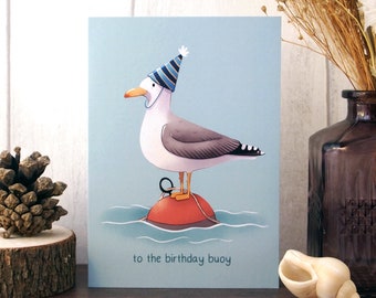 Birthday Buoy greeting card, blank card with recycled white envelope, A6 size card, card for birthday boy, herring gull illustration