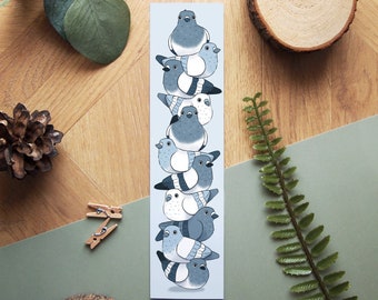 Pigeon Stack Bookmark, digitally illustrated funny bird paper bookmark