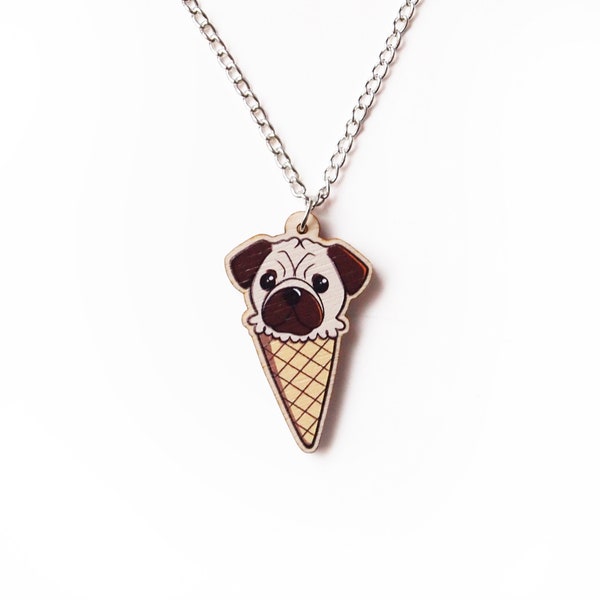 Necklace, Ice Cream Cone Pug, wooden charm pendant jewellery, dog lover stocking filler gift ideas, Christmas gifts for best friend
