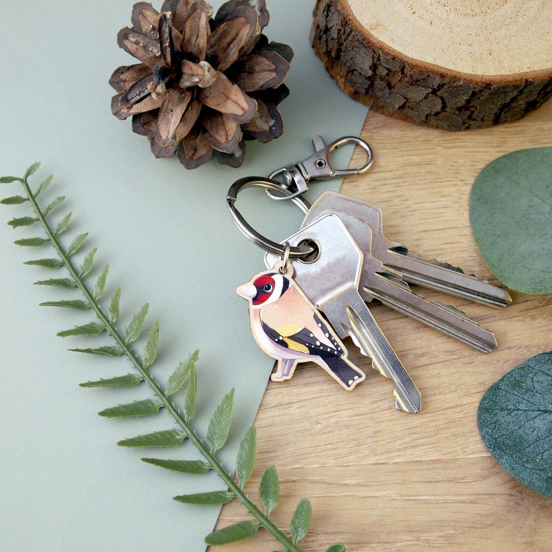 Goldfinch illustrated wooden charm keychain with swivel clasp image 2