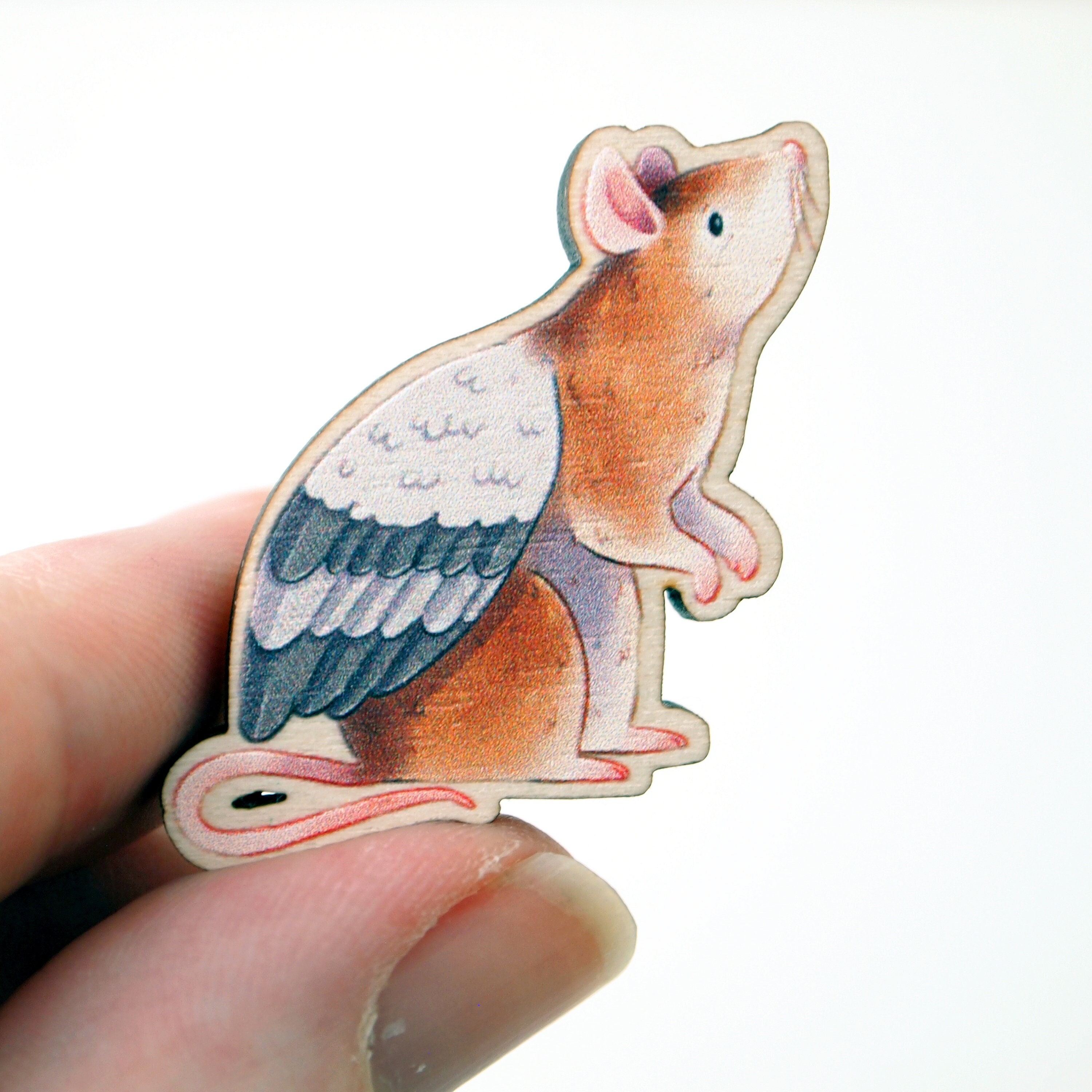 Rat With Wings pigeon Wooden Pin Badge Small Digitally pic