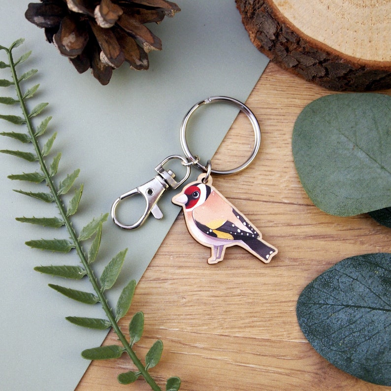 Goldfinch illustrated wooden charm keychain with swivel clasp image 1