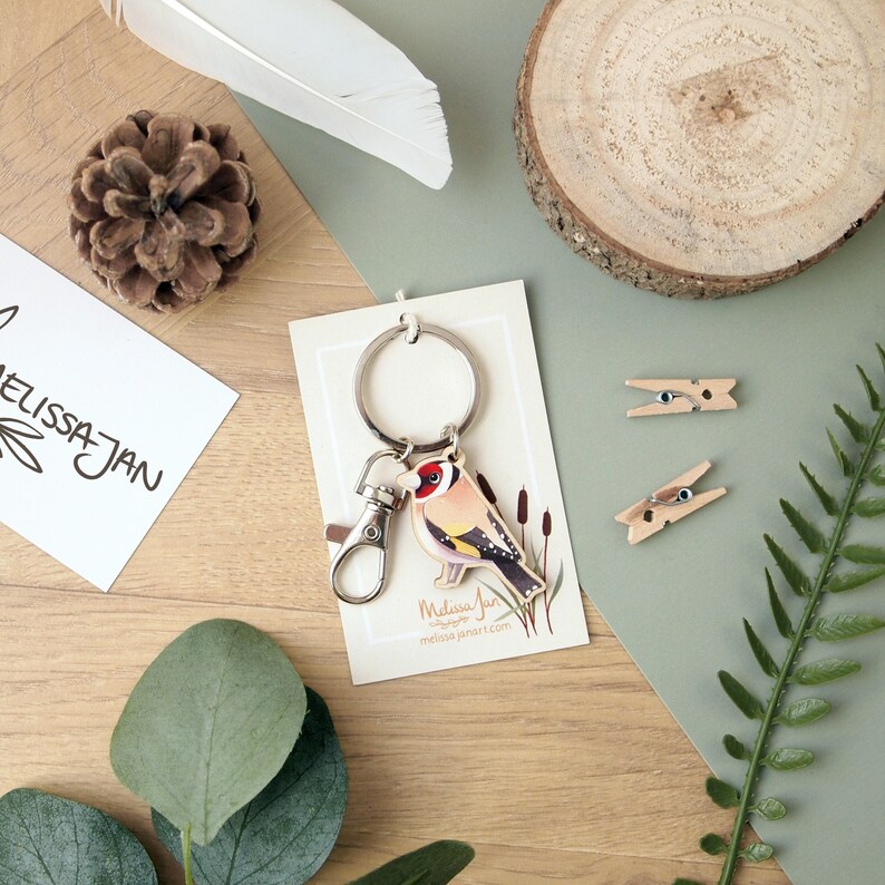 Goldfinch illustrated wooden charm keychain with swivel clasp image 3