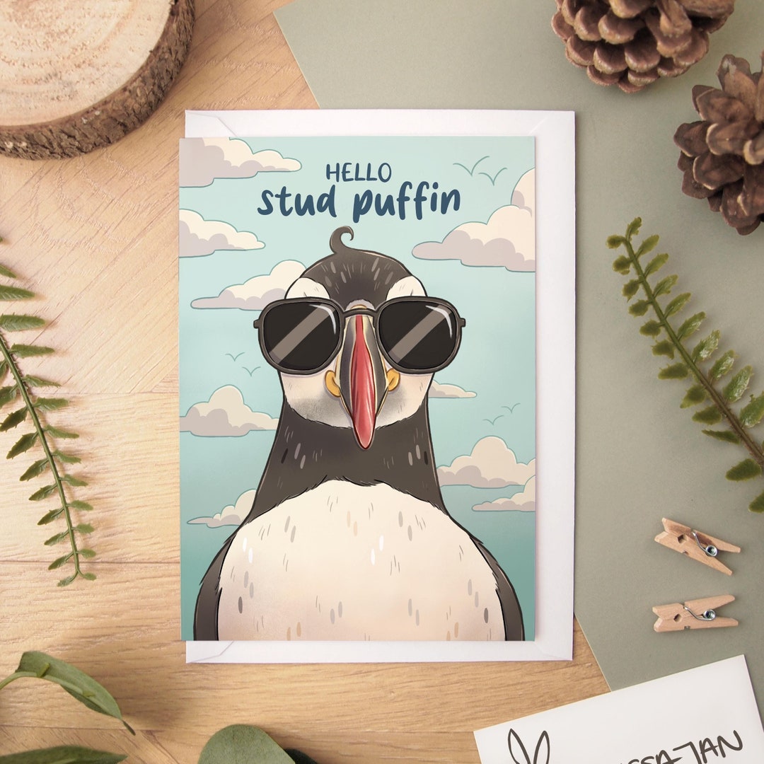 Hello Stud Puffin Card - A6 Size Blank Inside Greeting Card With White ...
