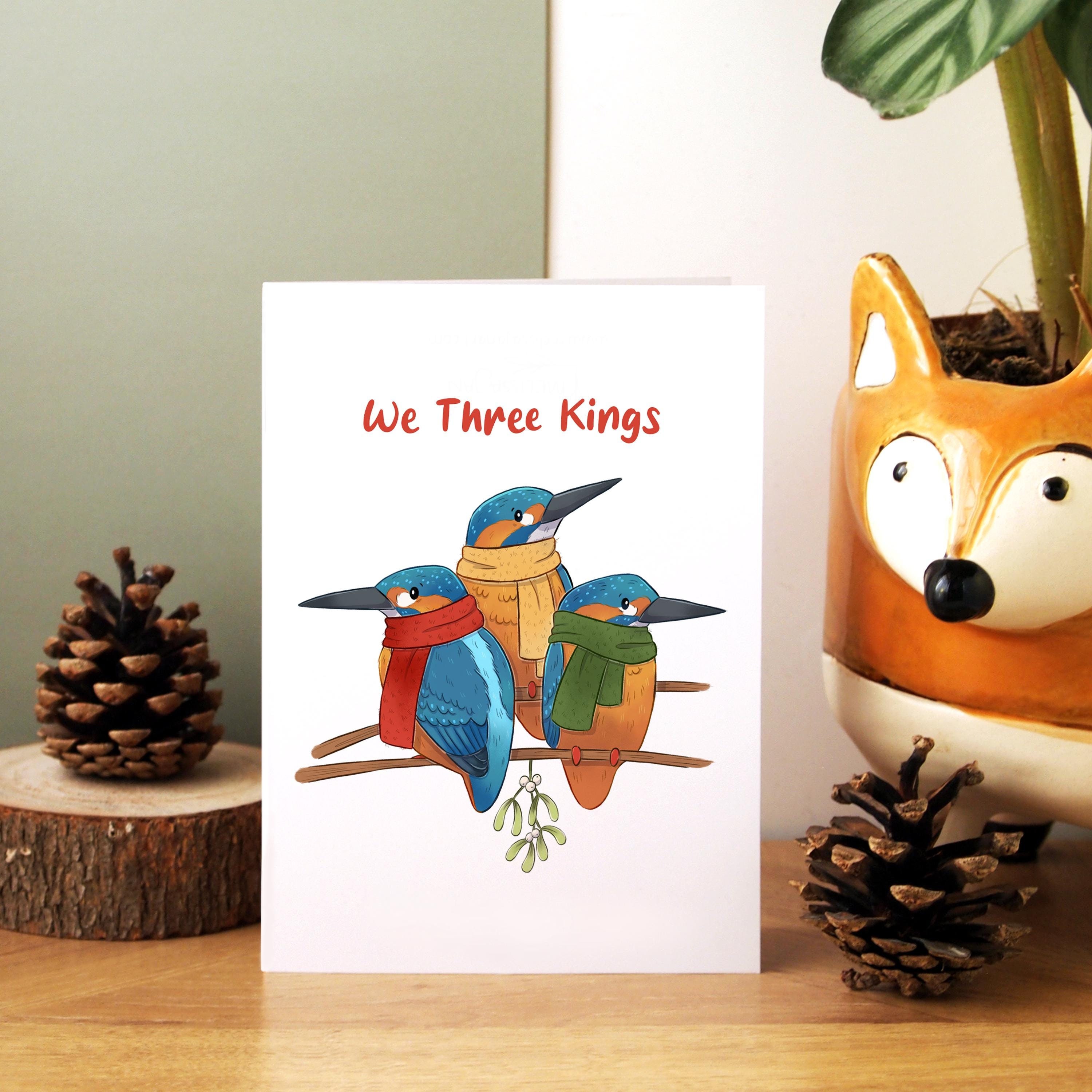 We Three Kings kingfisher Christmas card -  A6 size blank inside greeting card with white envelope for your family or friend