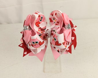 Valentine Day Boutique Hair Bow Pink and Red Bow Owl Hair Clip Hearts Love OTT 6 Inches