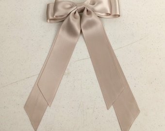 Croquette Bow Long Tail Hair Bow Satin Bow Beige Hair Clip