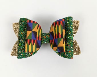 Black History Hair Bow, Ethnic Hair Clip, Faux Leather Bow, Glitter Bow, Juneteenth, Ankara Print Hai Bow, 4 Inches