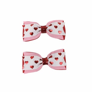 Valentines Day Pigtail Set, Hair Bow Set, Small Bows, Heart Love Hair Clips, Piggies, Pig Tail Bows, 3 Inches