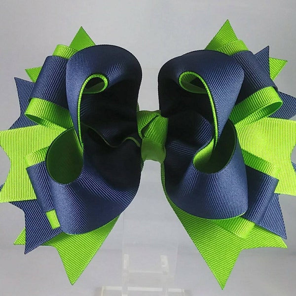 Navy Blue and Lime Green Boutique Hairbow, 6 Inch Hairbow, Stacked Girls Hairbow, Large Hair Bow