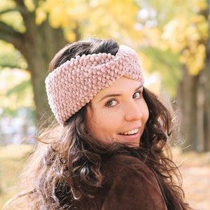 velvet textured chunky knit twisted turban handmade headband ear warmer | the bellamy | pink