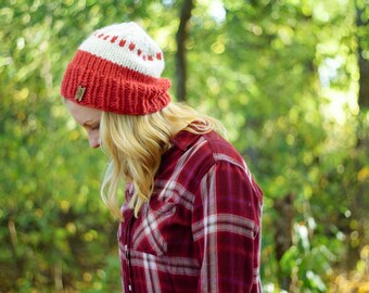 fair isle pattern chunky knit slouchy handmade seamless beanie hat | the bianca | pink + fisherman