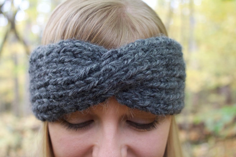 chunky knit twisted turban handmade headband ear warmer the tatiana charcoal image 1