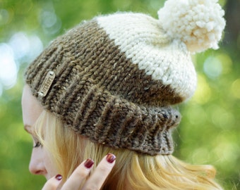 chunky knit handmade two-toned seamless pom pom beanie hat | the haley | barley + fisherman