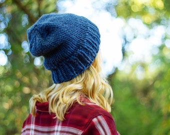 chunky knit slouchy simple handmade seamless beanie hat | the milo | denim