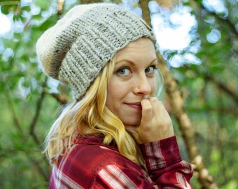 chunky knit slouchy handmade two-toned seamless beanie hat | the mika | grey marble + fisherman