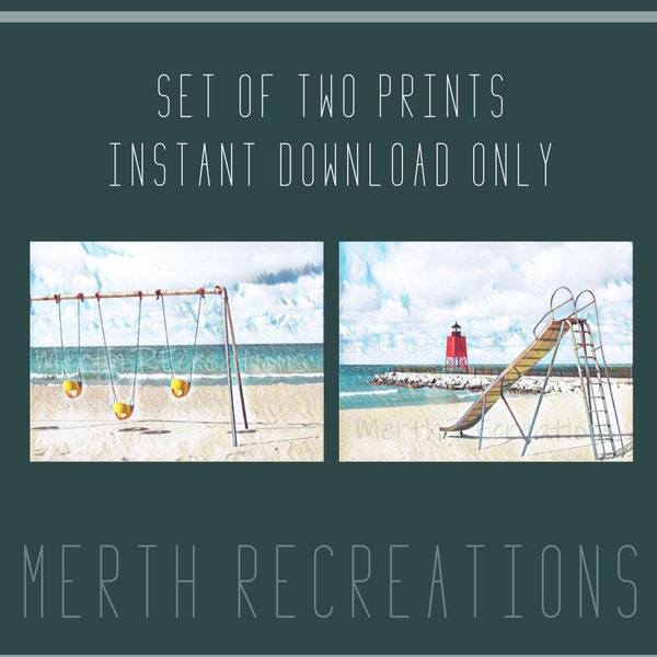 Beach Set of Two Art Prints, Instant Download, Wall Art, Digital Download, Lighthouse, Swings, Slide, Lake Michigan, Photography, Printable