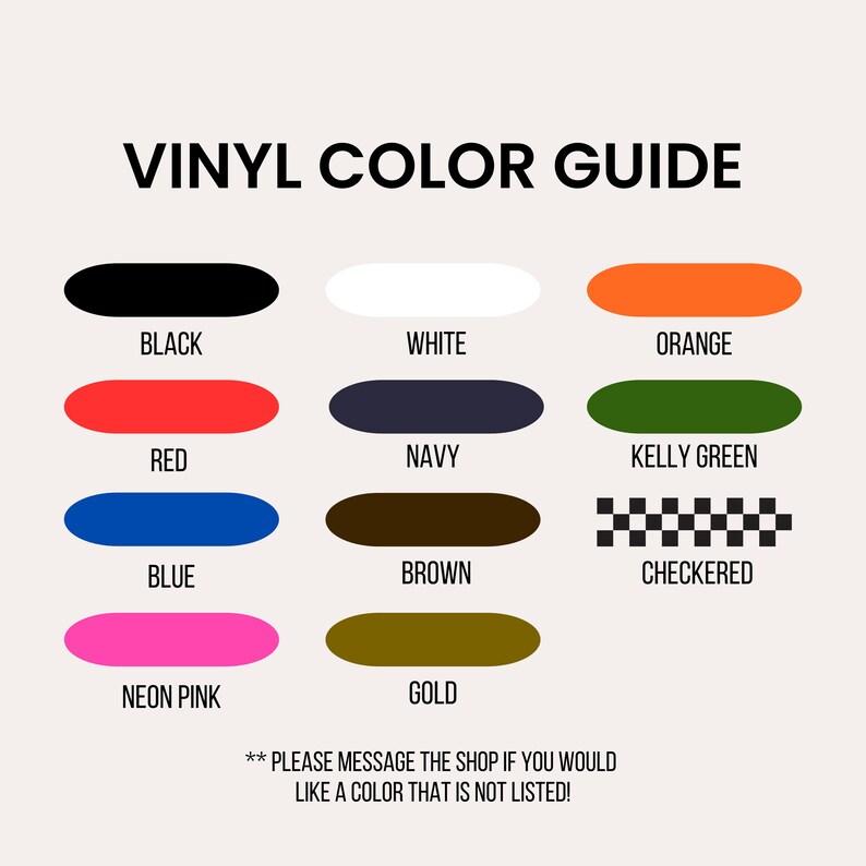 Peut inclure: Un guide des couleurs de vinyle pr&eacute;sentant une vari&eacute;t&eacute; de couleurs, notamment le noir, le blanc, le rouge, le marine, le bleu, le rose fluo, l'orange, le vert Kelly, le marron, l'or et le damier. Le texte "VINYL COLOR GUIDE" est en haut.