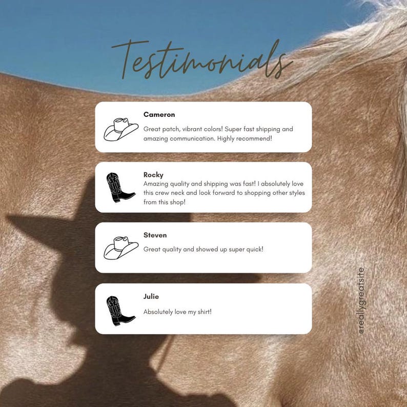 Peut inclure: Image pr&eacute;sentant des t&eacute;moignages clients sur un fond marron clair. Le mot "Testimonials" est en haut. Les avis sont dans des bo&icirc;tes blanches avec des illustrations d'un chapeau de cowboy et de bottes. Le compte Instagram de la boutique est visible.