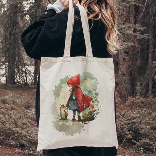 Fairy Tale Tote Bag - Woodland Animals Canvas Tote - Vintage Book Bag - Red Riding Hood Vintage Illustration Gift
