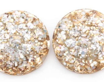 1950s Lucite Confetti Clip-On Earrings – Gold Flake Sparkle Statement Jewelry