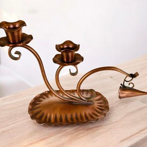 VINTAGE Gregorian Copper Scroll Double Taper MCM Candle Holder w/ Snuffer Decor