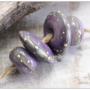 Violet Purple Handmade Lampwork Beads, Two 14mm Discs & Two 10mm Rondelles, Rio Pedra Violet Discs Artisan Set by Copperstone Art Glass