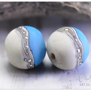 Handmade Lampwork Turquoise and Ivory 12mm Round Two Set with Fine Silver Detail - Silver Coast Summer, Copperstone