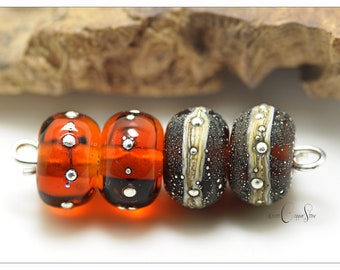 Orange Sparkly 11mm Lampwork Rondelle Spacer Beads with Fine Silver, Silver Spacers Artisan Beads Handmade by Copperstone Art Glass