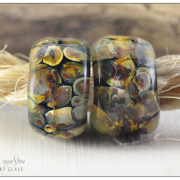 Dreadlock Braid Loc Beads, 2 Set with 8mm Hole, Black Based & Raku Organic Shaped Glass Beads, Copperstone Art Glass