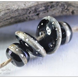 Handmade Black Silvered Lampwork Glass Bead Set, Rio Pedra Discs & Roundels, two 14mm Discs and two 10mm Roundels by Copperstone Art Glass