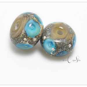 Lampwork Glass Beads: Ivory Turquoise Rondelle Pair, Fine Silver