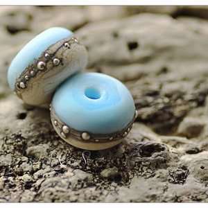 Lampwork Beads, Turquoise Blue and Ivory Rondelle Pair, Silver Coast Spring Artisan Beads Handmade by Copperstone Art Glass