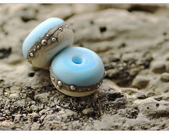 Lampwork Beads, Turquoise Blue and Ivory Rondelle Pair, Silver Coast Spring Artisan Beads Handmade by Copperstone Art Glass