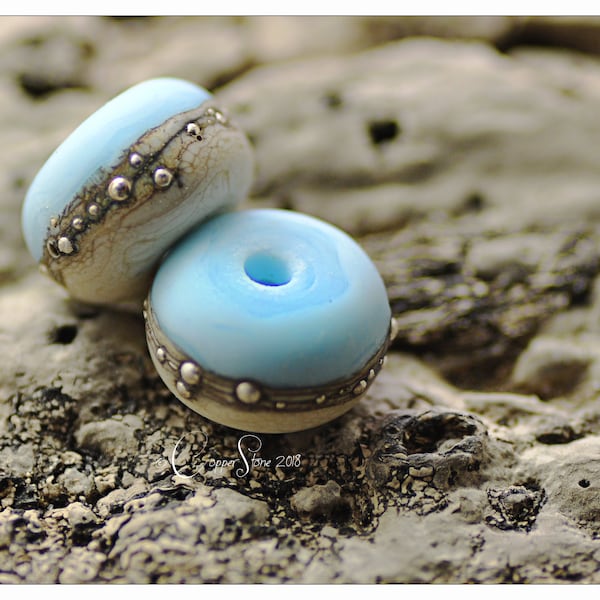 Lampwork Beads, Turquoise Blue and Ivory Rondelle Pair, Silver Coast Spring Artisan Beads Handmade by Copperstone Art Glass