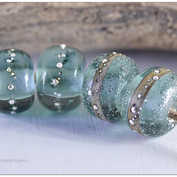 Handmade Lampwork Rondelle Spacer Beads; 7x11mm Four Set in Grey Glass with Fine Silver Leaf; Artisan Components for Jewelry Makers