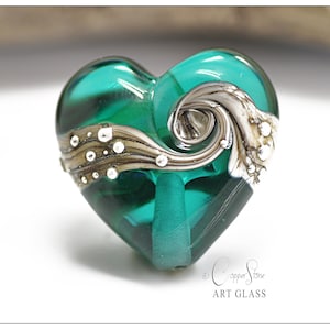 Lampwork Glass Bead, Teal Green Heart Bead with Fine Silver Detail, Teal Ocean Wave Handmade by Copperstone Art Glass