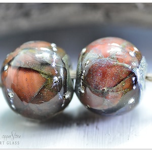 Lampwork Beads, Coral Red 12mm Round Glass Bead Pair with Fine Silver Detail, Elemental Ember Handmade by Copperstone Art Glass