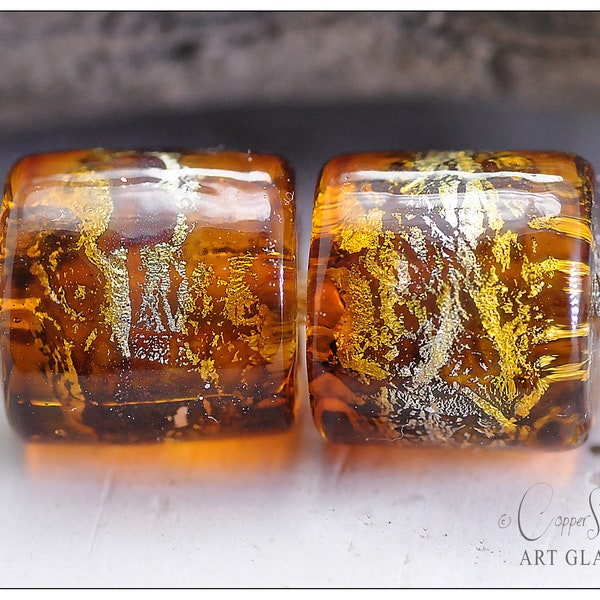 Lampwork Beads, Amber Coloured 12mm Barrel Glass Pair with Fine Silver and Gold Detail, Gilt Amber Handmade by Copperstone Art Glass