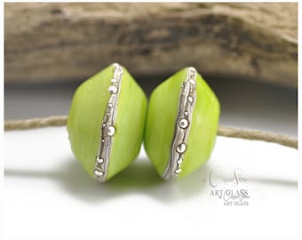 Handmade Green Lampwork Glass Bicone Beads - Lime Green Pair - Rio Pedra Artisan Beads Handmade by Copperstone Art Glass