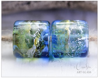 Lampwork Barrel Beads, Denim Blue 12mm Glass Pair with Fine Silver & Gold Detail, Gilt Denim Handmade Artisan Beads by Copperstone Art Glass