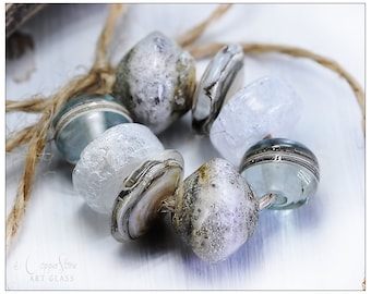 Lampwork Glass Bead Set, Sea Foam in Ivory and Clear by Copperstone Art Glass