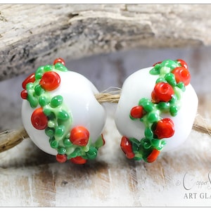 Lampwork Beads, Christmas Glass Beads 12mm Rounds, Festive Garlands Handmade by Copper stone Art Glass