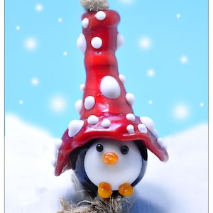 Christmas Decoration, Penguin with Red Hat Handmade Lampwork Glass by Copperstone Art Glass